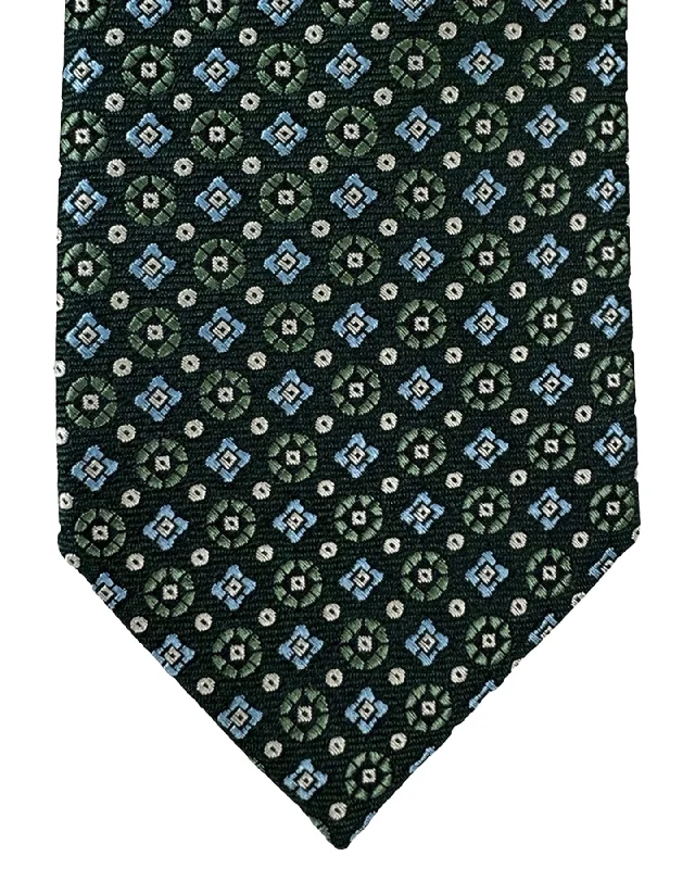 Men's slim tie for business casual look-Canali Silk Tie Green Sky Blue Geometric Pattern - Classic Italian