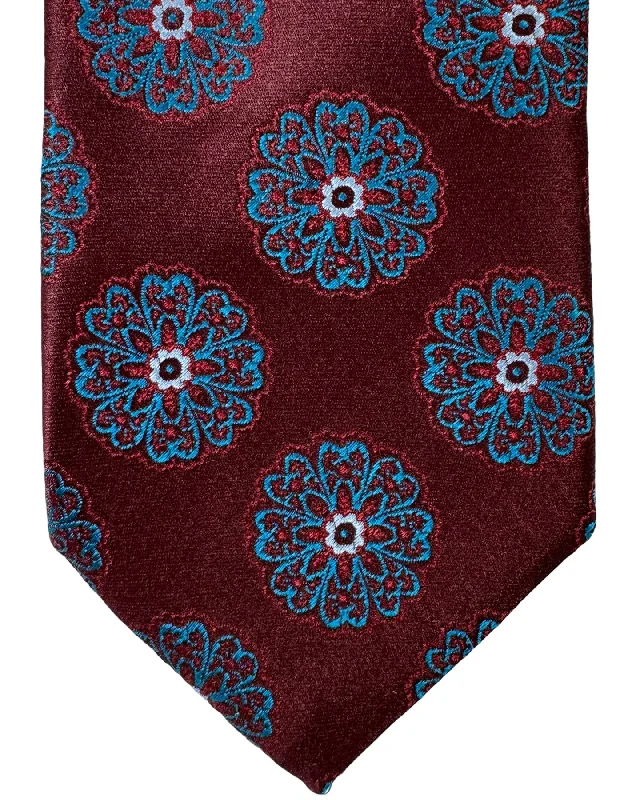 Men's tie for professional business attire-Canali Silk Tie Maroon Aqua Flowers Pattern