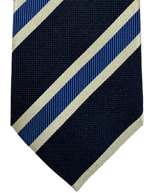 Unique men's tie for anniversary parties-Canali Silk Tie Navy Royal Blue Silver Stripes Pattern