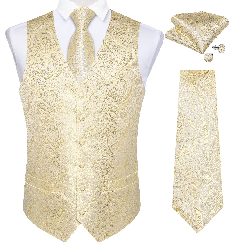 Men's tie for elegant outdoor events-Champagne Paisley Jacquard Silk Waistcoat Vest Tie Pocket Square Cufflinks Set