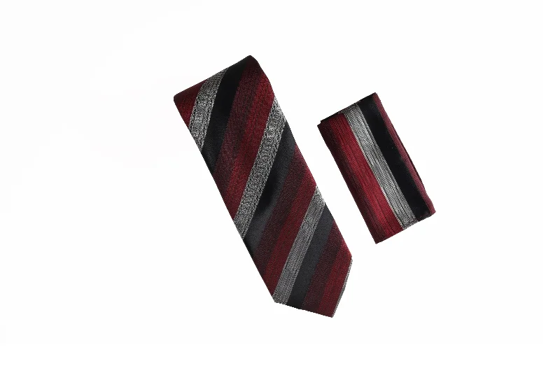 Stylish men's silk tie for evening wear-Charcoal, Burgundy, Red and Grey Stripe Designed Tie With Matching Pocket Square WTHXL-860