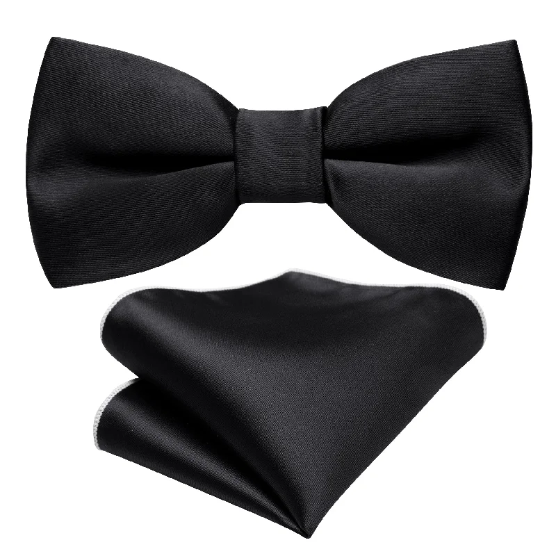 Men's tie for formal gatherings with floral designs-Barry Wang Children Black Solid Bow Tie Pocket Square Set