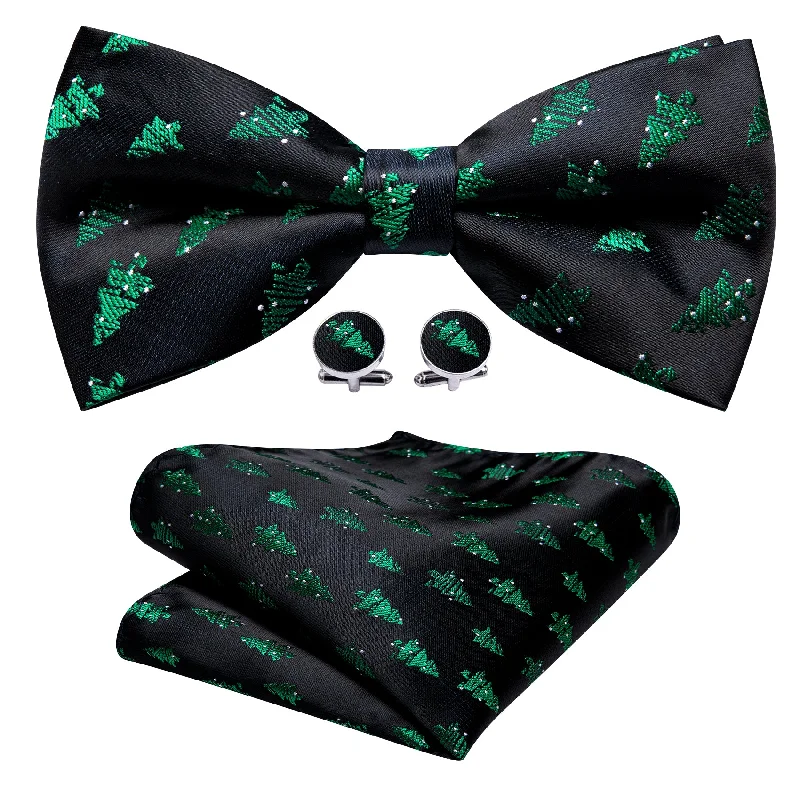 Men's tie with smooth satin finish-Barry Wang Christmas Black Green Tree Men Bow Tie Hanky Cufflinks Set