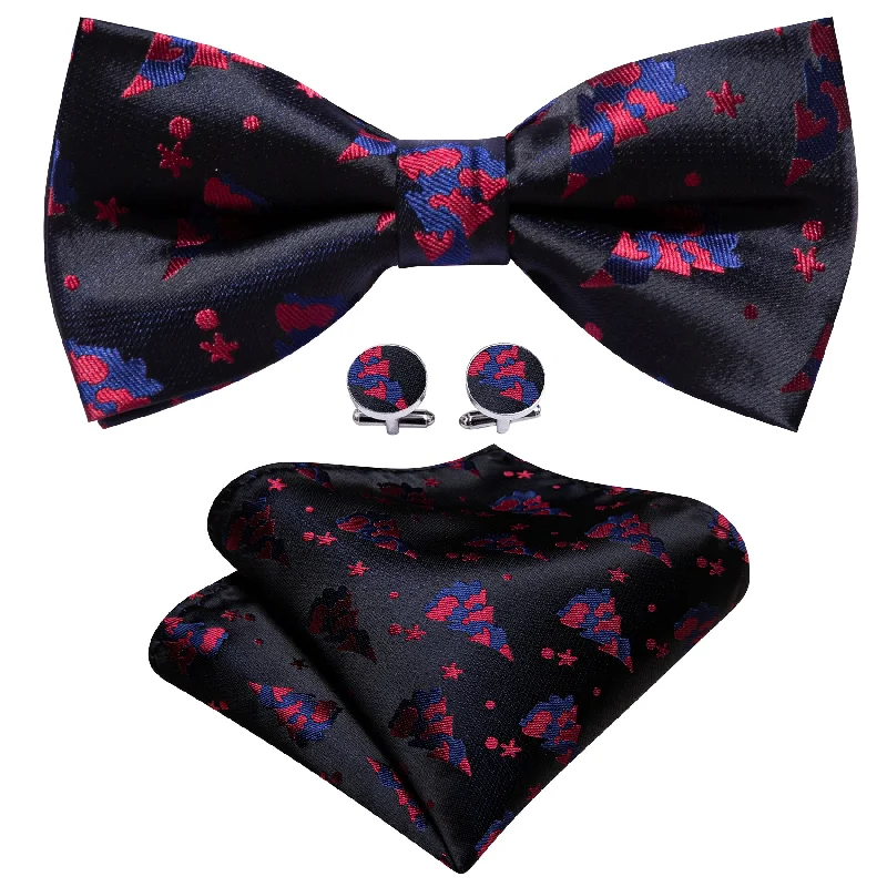 Men's tie with vibrant geometric shapes-Barry Wang Christmas Black Red Xmas Tree Mens Pre Tied Bow Tie Set