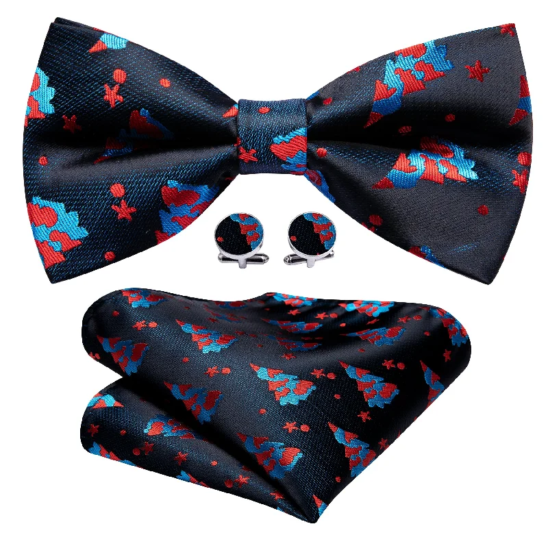 Elegant men's tie for corporate meetings-Barry Wang Christmas Black Xmas Tree Silk Bow Tie Hanky Cufflinks Set