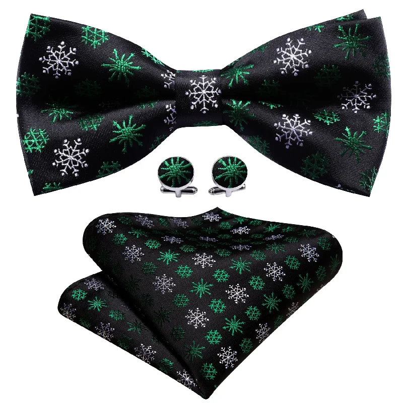 Men's tie with high-quality silk fabric-Barry Wang Christmas Black White Snowflake Silk Pre Tied Bow Tie Set