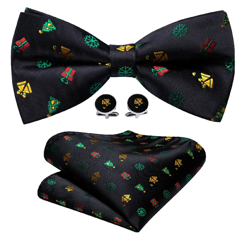 Classic men's tie with a bright pop of color-Barry Wang Christmas Black Xmas Pattern Bow Tie Hanky Cufflinks Set