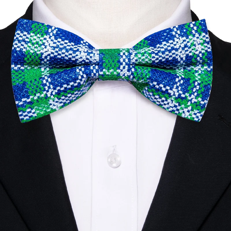 Best men's tie with modern flair for job interviews-Barry Wang Christmas Blue Green Plaid Silk Pre-tied Bow Tie