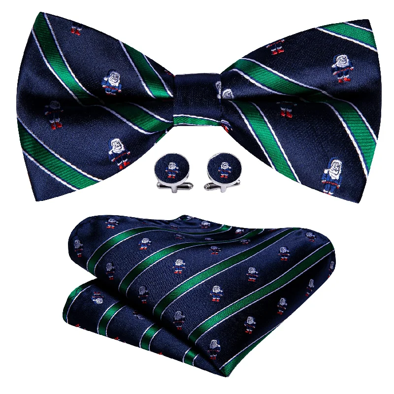 Designer tie with geometric shapes for work-Barry Wang Christmas Blue Green Santa Claus Pre Tied Bow Tie Hanky Cufflinks Set