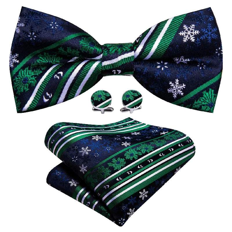 Men's silk tie with bold stripes-Barry Wang Christmas Blue Green Snowflake Silk Bow Tie Hanky Cufflinks Set