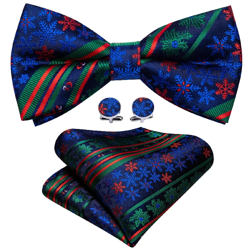 Men's silk tie for upscale dinners-Barry Wang Christmas Blue Green Xmas Pattern Pre Tied Bow Tie Hanky Cufflinks Set