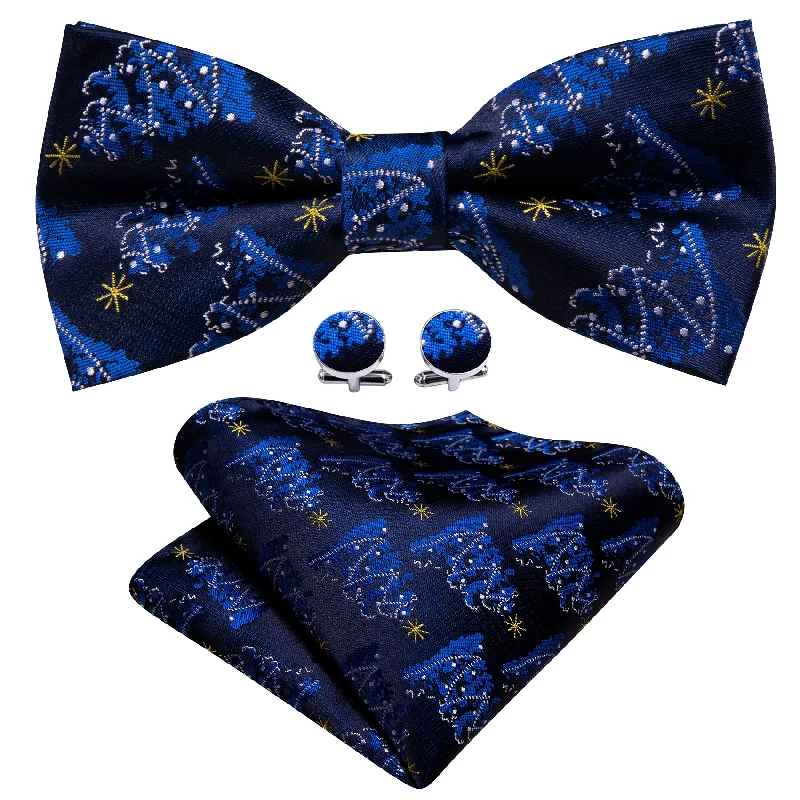 Best men's tie for wedding receptions-Barry Wang Christmas Blue White Xmas Tree Pre Tied Bow Tie Hanky Cufflinks Set