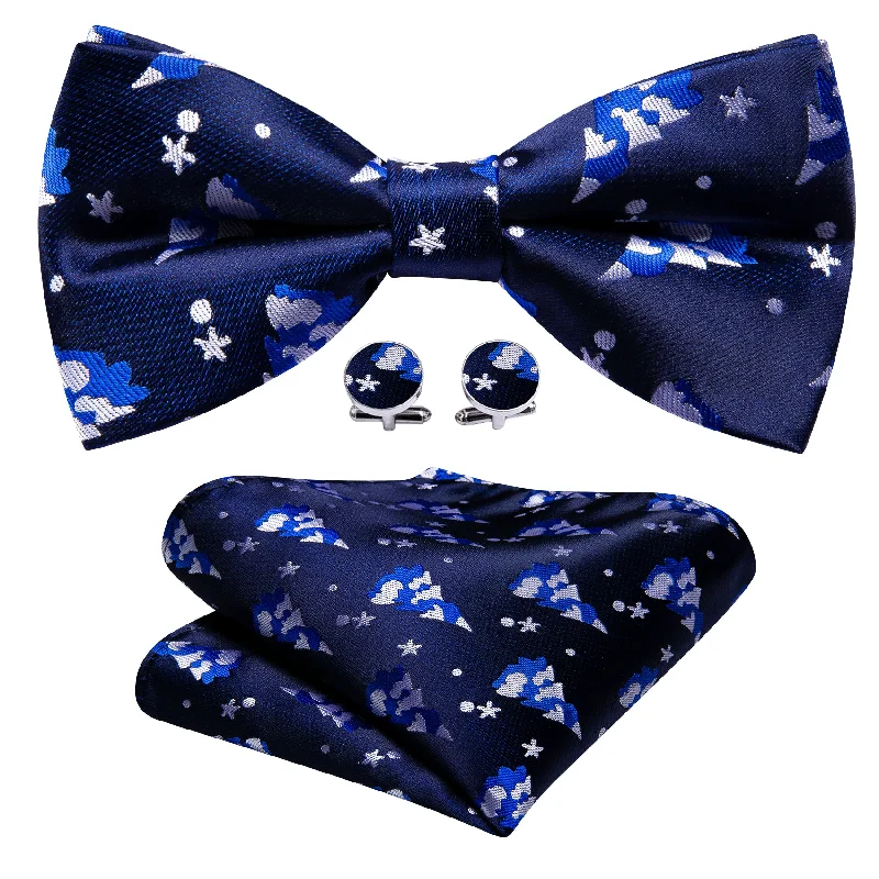 Men's tie for family holiday events-Barry Wang Christmas Blue White Xmas Tree Silk Bow Tie Hanky Cufflinks Set