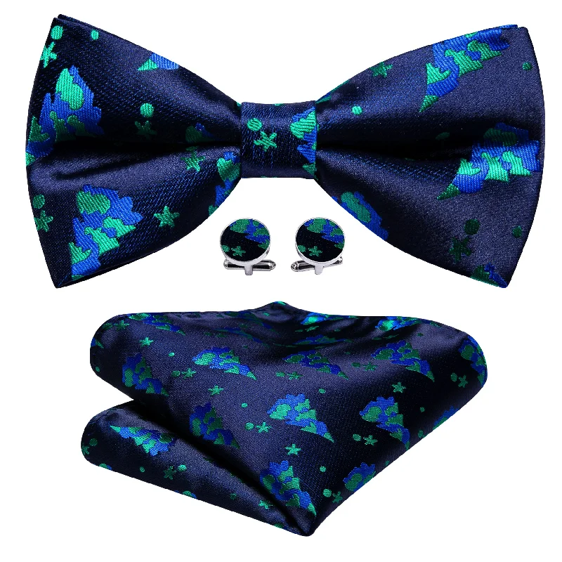 Men's tie for luxury corporate parties-Barry Wang Christmas Blue Xmas Tree Silk Bow Tie Hanky Cufflinks Set