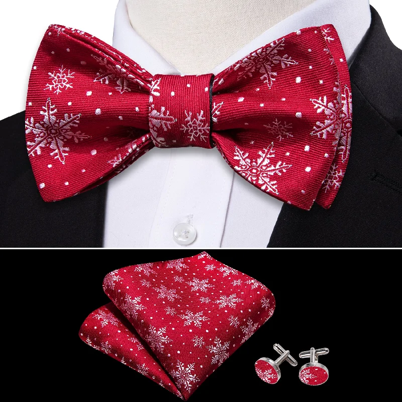 Best men's tie for summer events-Barry Wang Christmas Fashion Red White Snowflake Silk Tie Bow Tie Hanky Cufflinks Set