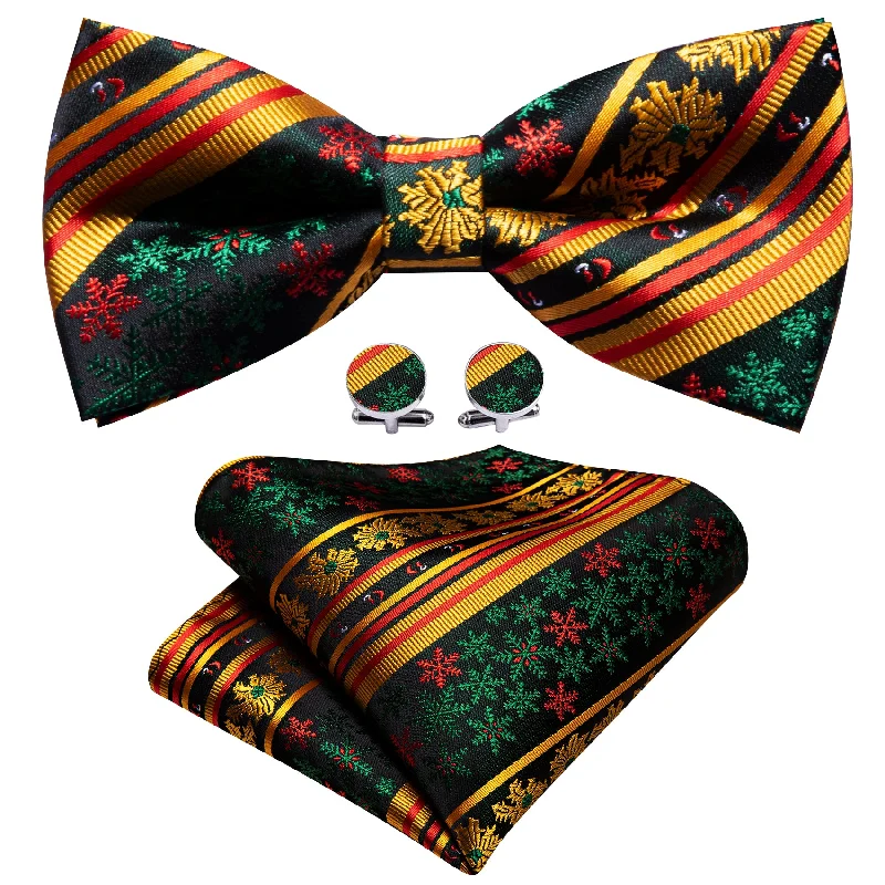 Men's slim tie for business casual look-Barry Wang Christmas Tie Gold Green Snowflake Men Pre Tied Bow Tie Set