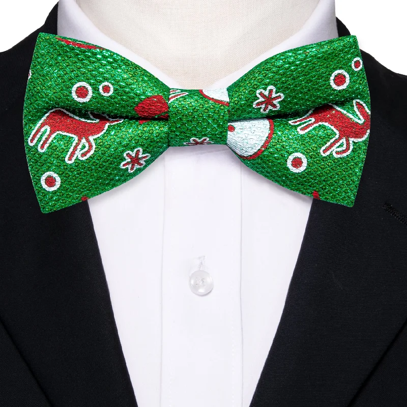 Men's tie for elegant outdoor events-Barry Wang Christmas Green Brown Elk Silk Pre-tied Bow Tie