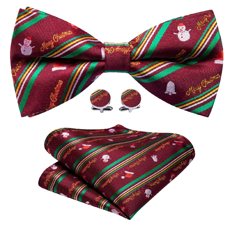 Men's tie for evening professional events-Barry Wang Christmas Green Red Xmas Snowman Pre Tied Mens Bow Tie Set