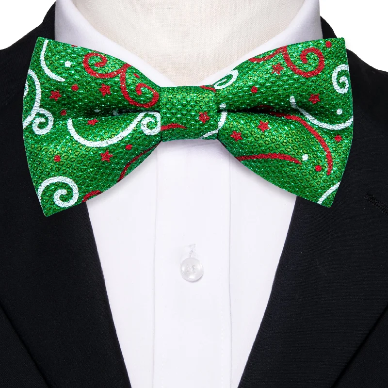 Men's tie for business meetings with modern designs-Barry Wang Festival Christmas Green White Floral Silk Pre-tied Bow Tie