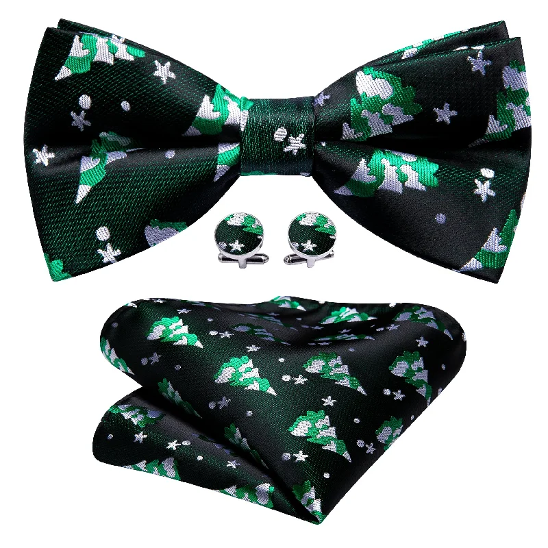 Classic men's tie with solid dark tones-Christmas Green White Xmas Tree Silk Bow Tie Hanky Cufflinks Set