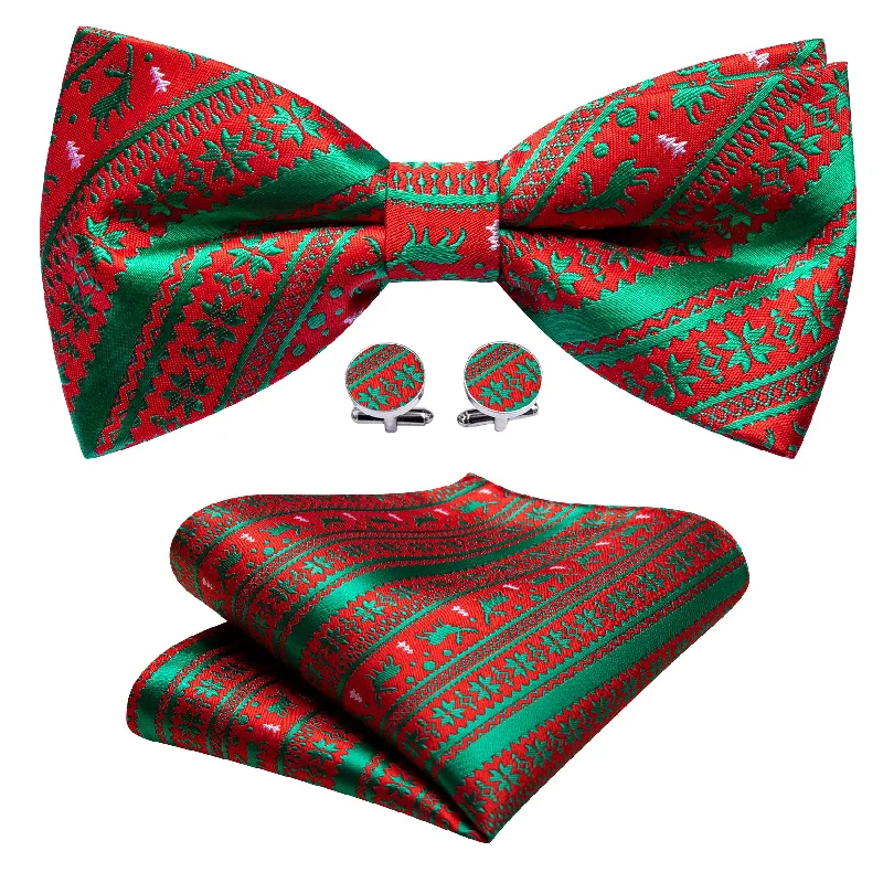 Men's tie with contemporary stripes for business-Christmas Red Green Elk Pre Tied Bow Tie Hanky Cufflinks Set