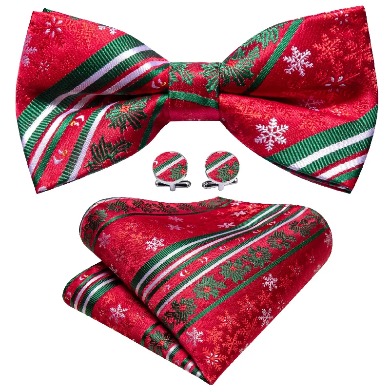 Men's tie for an elegant birthday celebration-Christmas Red Green Xmas Pattern Pre Tied Bow Tie Hanky Cufflinks Set