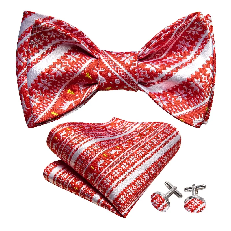 Men's tie for a winter corporate look-Christmas Red Silver Elk Bow Tie Hanky Cufflinks Set