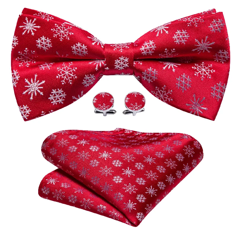 Men's tie for luxury corporate parties-Christmas Red White Snowflake Pre Tied Bow Tie Hanky Cufflinks Set