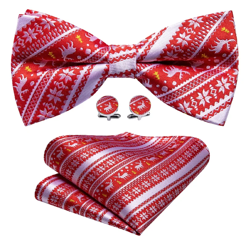 Best silk tie for business professionals-Christmas Red White Xmas Elk Pre Tied Bow Tie Hanky Cufflinks Set