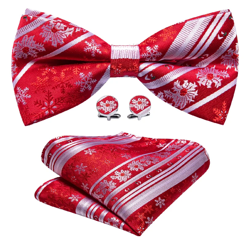 Elegant men's tie for formal gatherings-Christmas Red White Xmas Snowflake Pre Tied Bow Tie Hanky Cufflinks Set