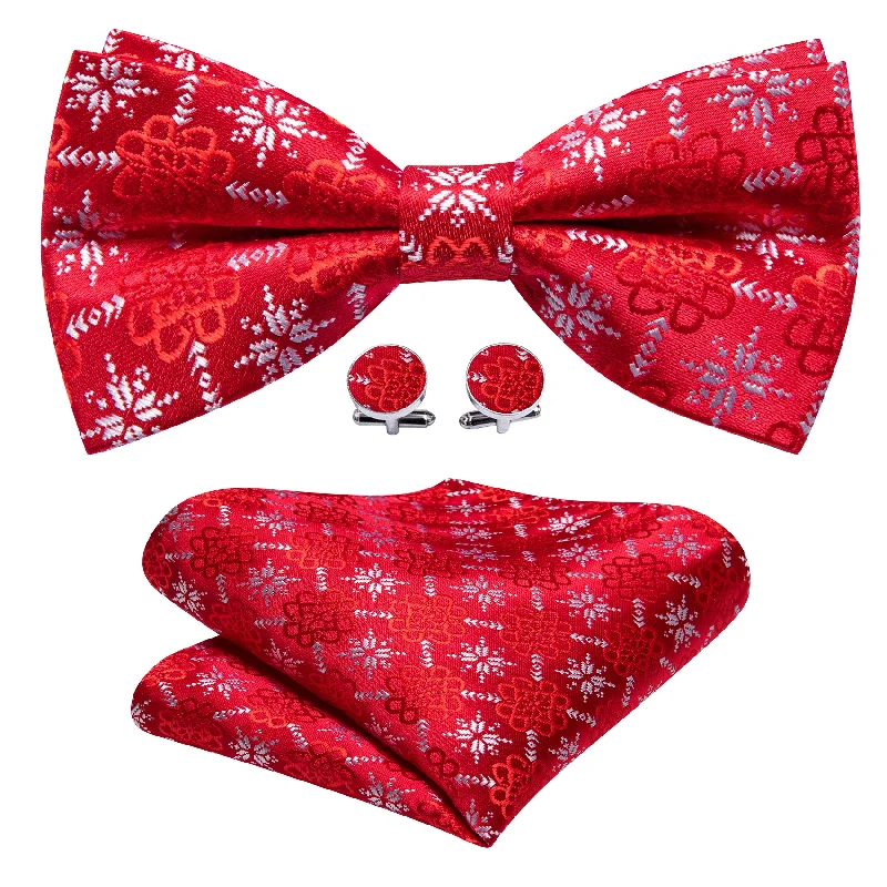 Men's tie with subtle floral pattern for business-Christmas Red White Xmas Snowflake Silk Bow Tie Hanky Cufflinks Set