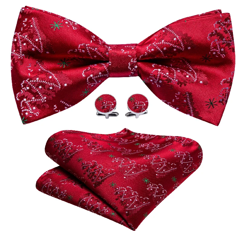 Men's silk tie with modern chevron print-Christmas Red White Xmas Tree Pre Tied Bow Tie Hanky Cufflinks Set