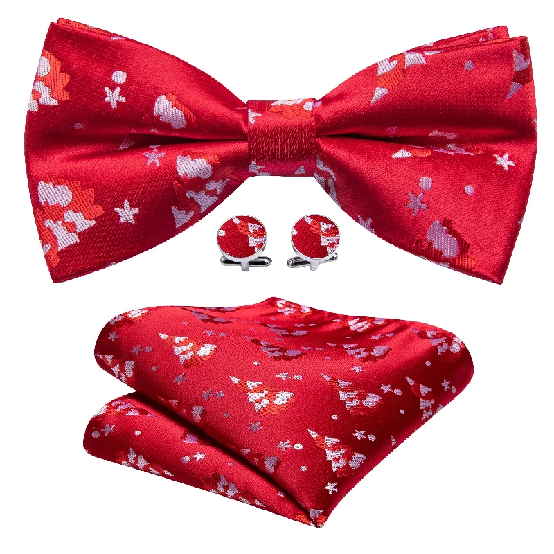 Elegant men's tie for a high-end look-Christmas Red White Xmas Tree Silk Bow Tie Hanky Cufflinks Set