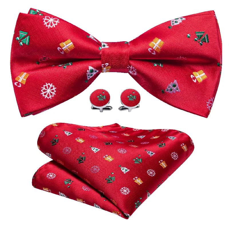 Elegant men's tie with embroidered details-Christmas Red Xmas Pattern Pre Tied Bow Tie Hanky Cufflinks Set