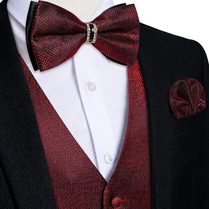 Best men's tie with classic stripes for business attire-Claret Solid Waistcoat Vest Bowtie Handkerchief Cufflinks Set