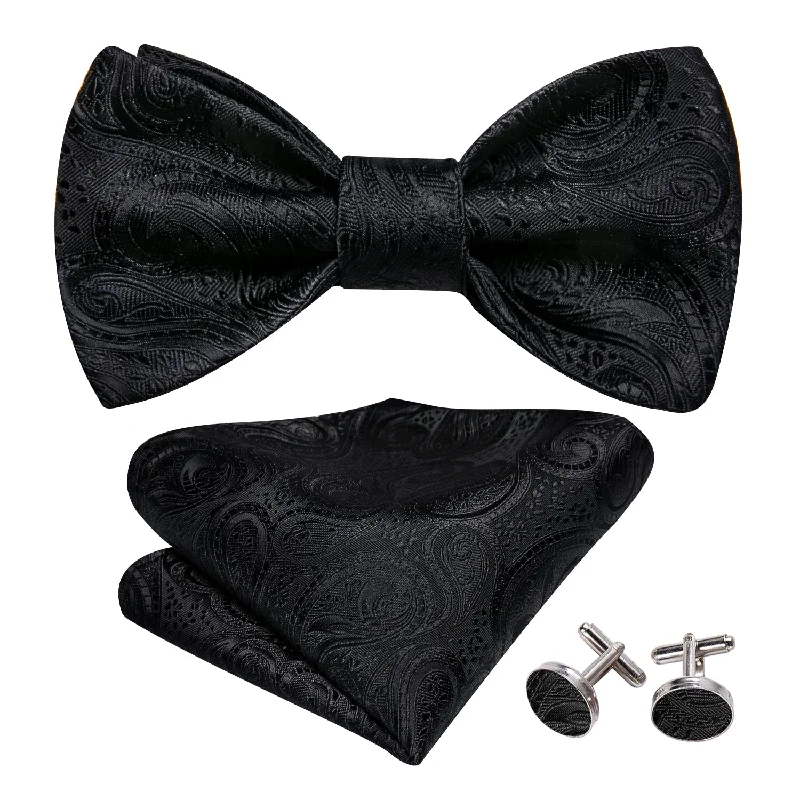 Men's tie with contemporary stripes for business-Classy Black Floral Bow Tie Hanky Cufflinks Set