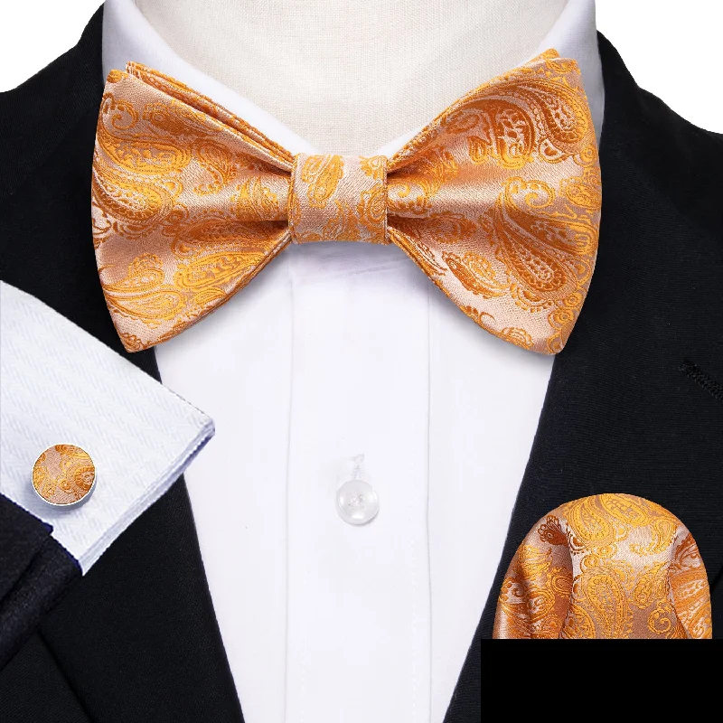 Men's silk tie with smooth texture for casual wear-Orange Silver Paisley Silk Bow Tie Hanky Cufflinks Set