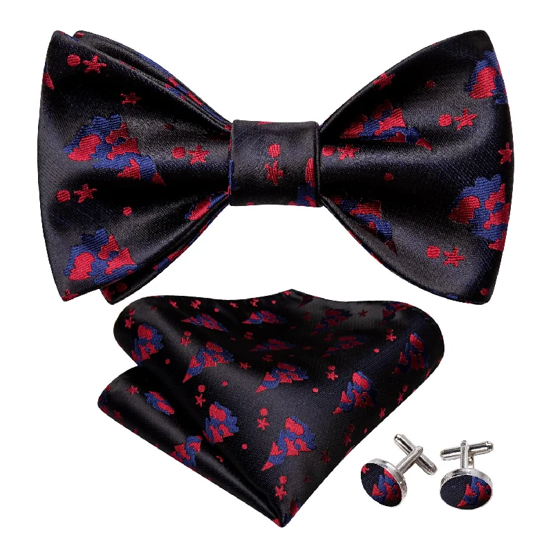 Stylish men's tie for modern business meetings-Barry Wang Christmas Black Red Tree Silk Bow Tie Hanky Cufflinks Set