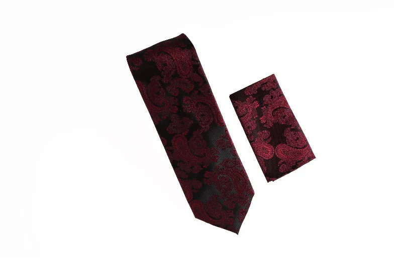 Luxury men's tie with subtle checks-Burgundy With Dark Maroon Paisley Designed Tie With Matching Pocket Square WTHXL-854