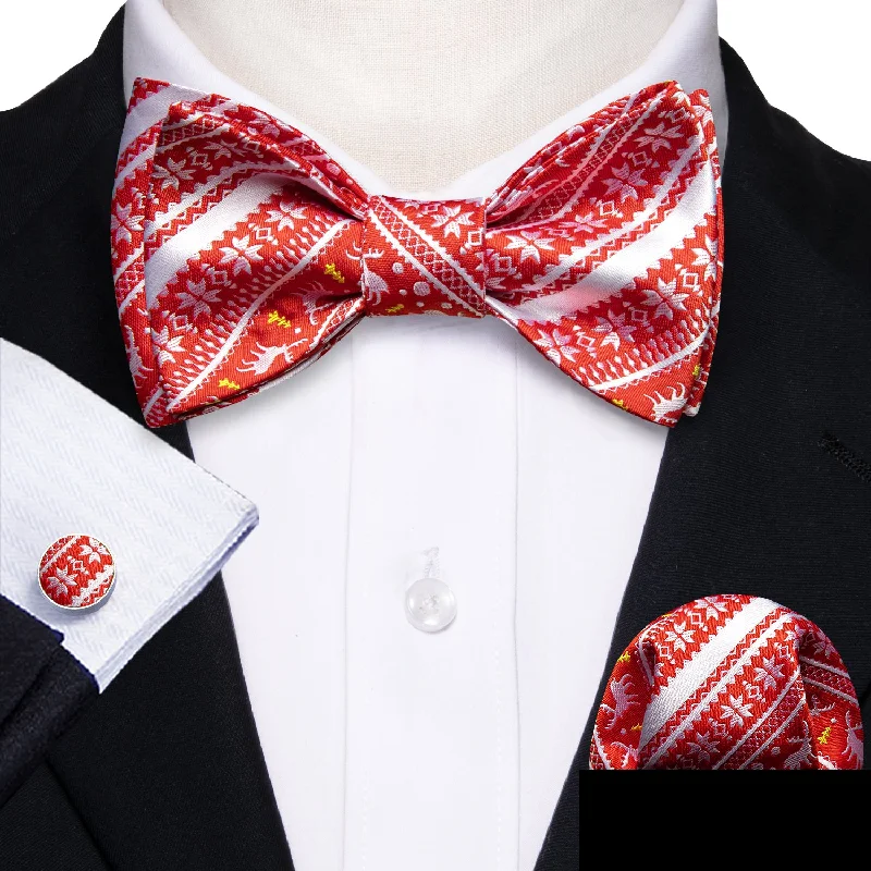 Designer tie for office professionals-Christmas Red Silver Elk Silk Bow Tie Hanky Cufflinks Set