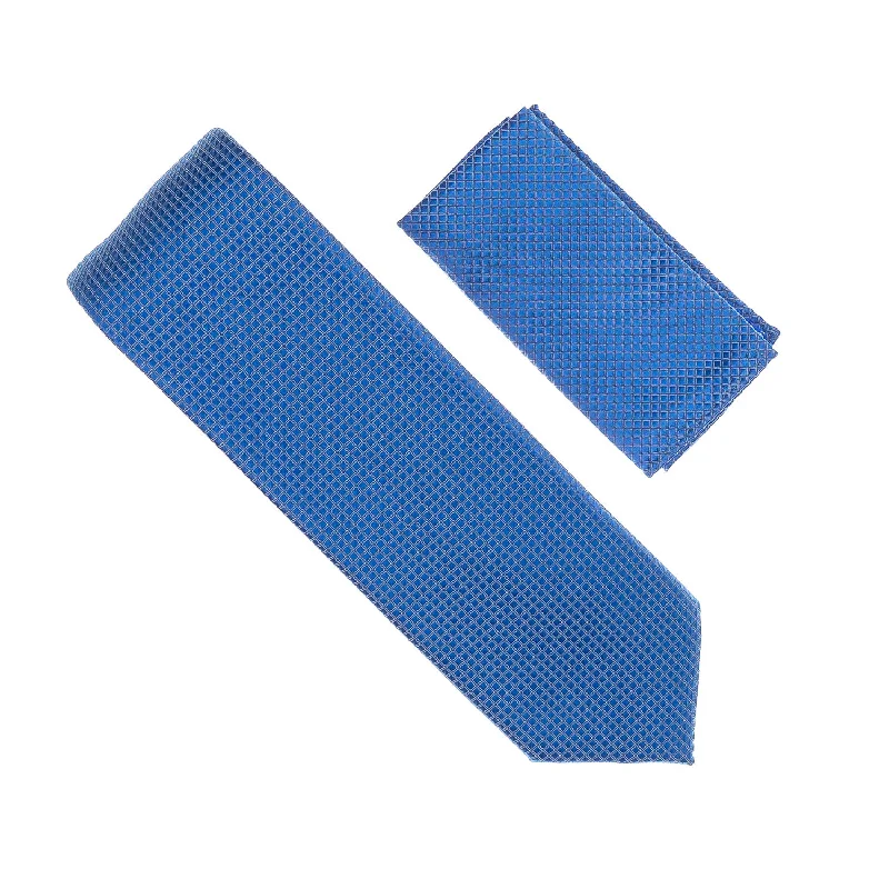 Men's tie with luxurious satin sheen-Coral Blue Micro-Grid Extra Long Necktie With Matching Pocket Square