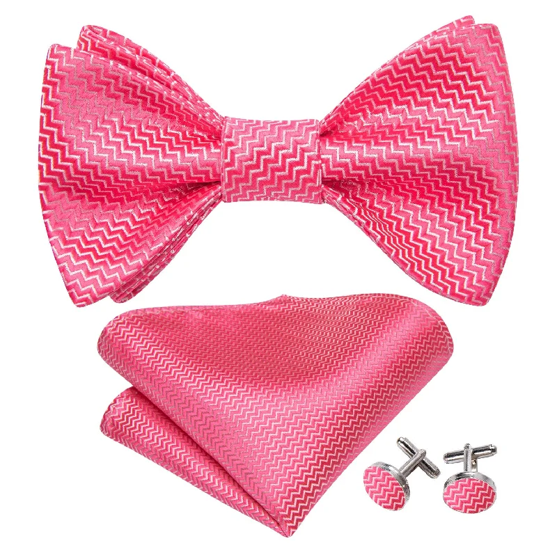 Men's tie with bold accents for weddings-Shock Pink Striped Silk Bow Tie Hanky Cufflinks Set