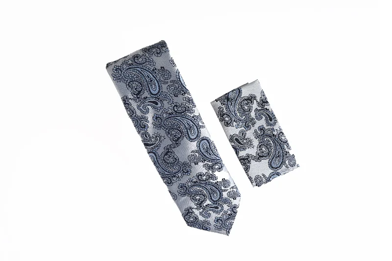 Elegant men's tie for upscale meetings-Silver With Baby Blue and Navy Paisley Designed Tie with Matching Pocket Square LTD-849