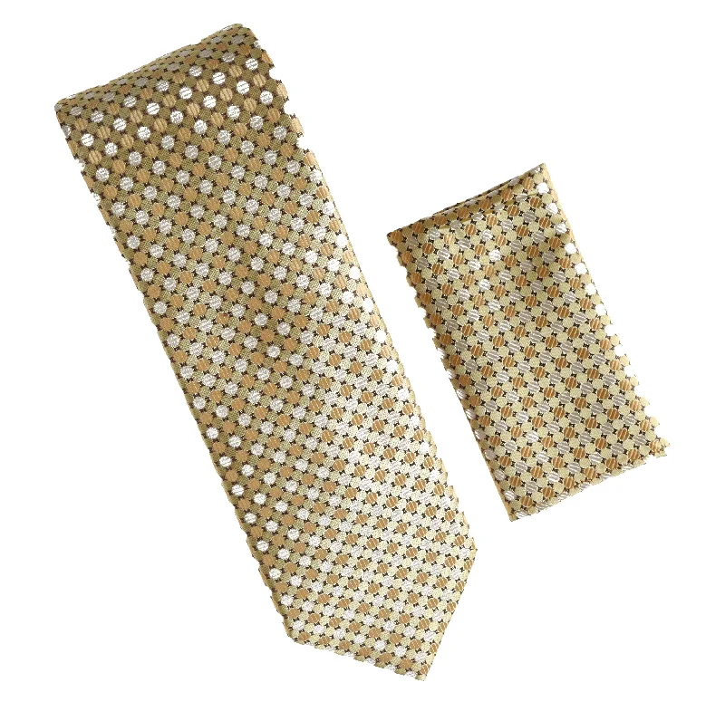 Stylish men's tie with bold geometric designs-Gold and Tan Designed Tie with Matching Pocket Square WTHXL-805