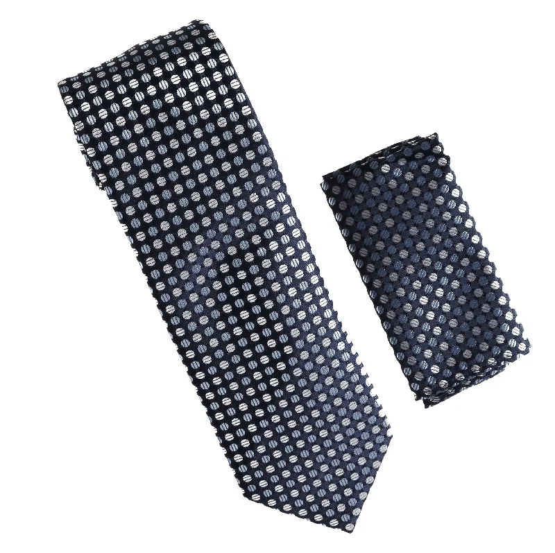 Stylish men's tie with minimalist pattern-Navy, Baby Blue and Silver Squared Designed Tie with Matching Pocket Square WTHXL -806