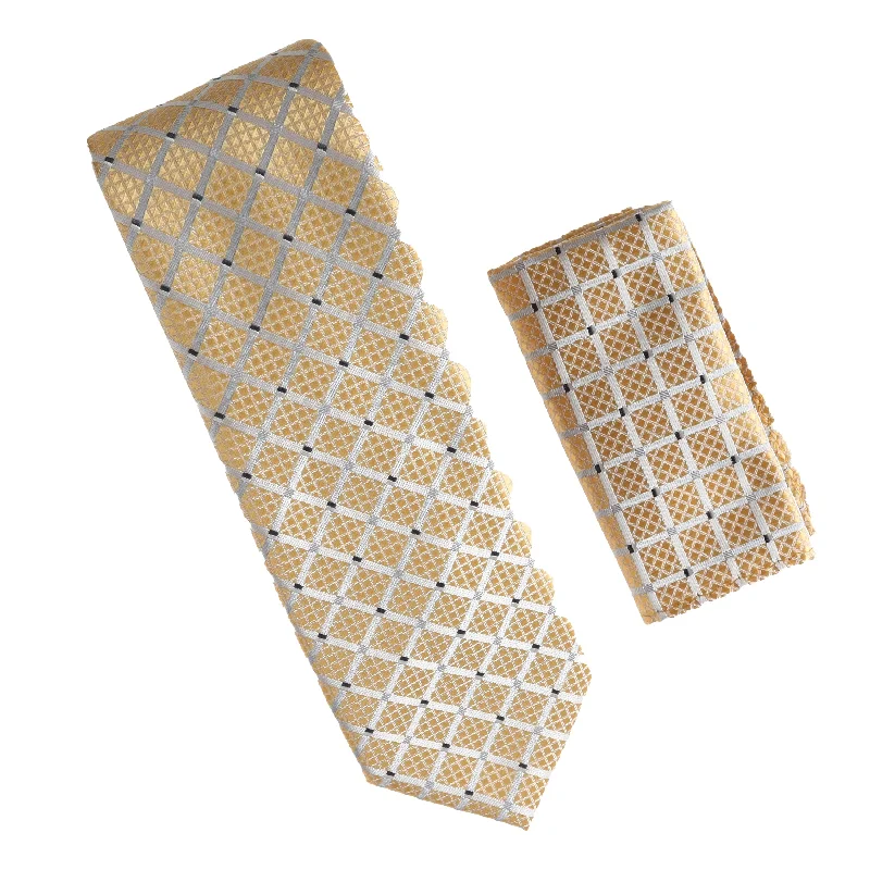 Men's tie for smart-casual office wear-Gold, Tan and Grey Squared Designed Tie with Matching Pocket Square WTHXL-807