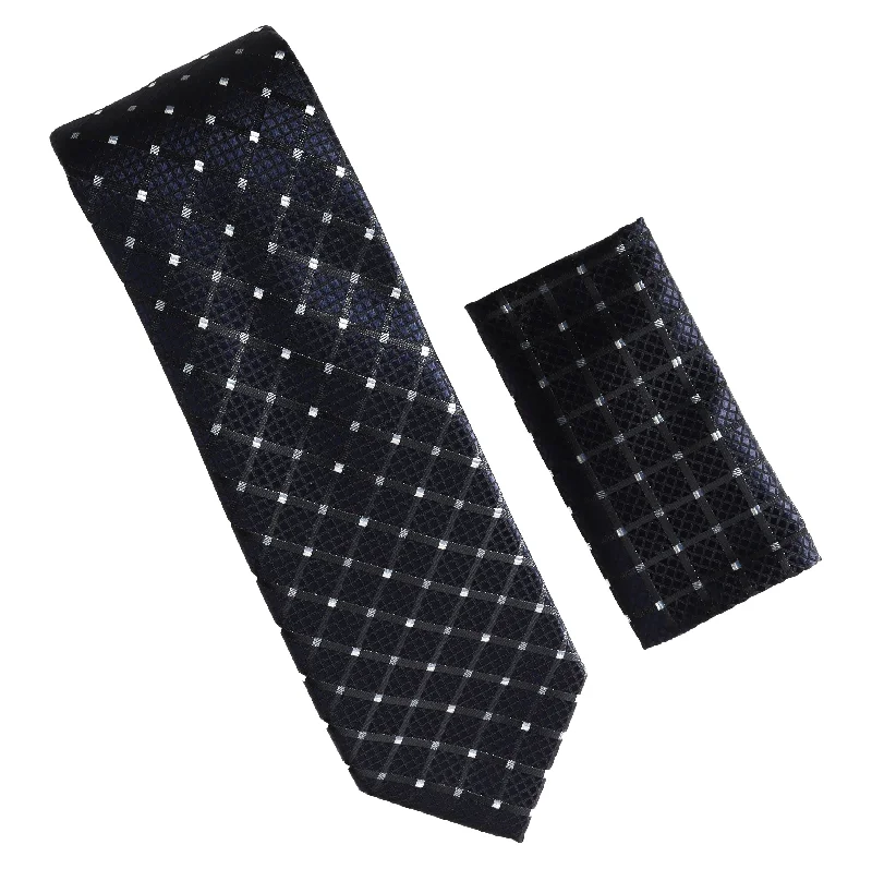 Men's tie for corporate formal functions-Navy, Black and Light Blue Squared Designed Tie with Matching Pocket Square