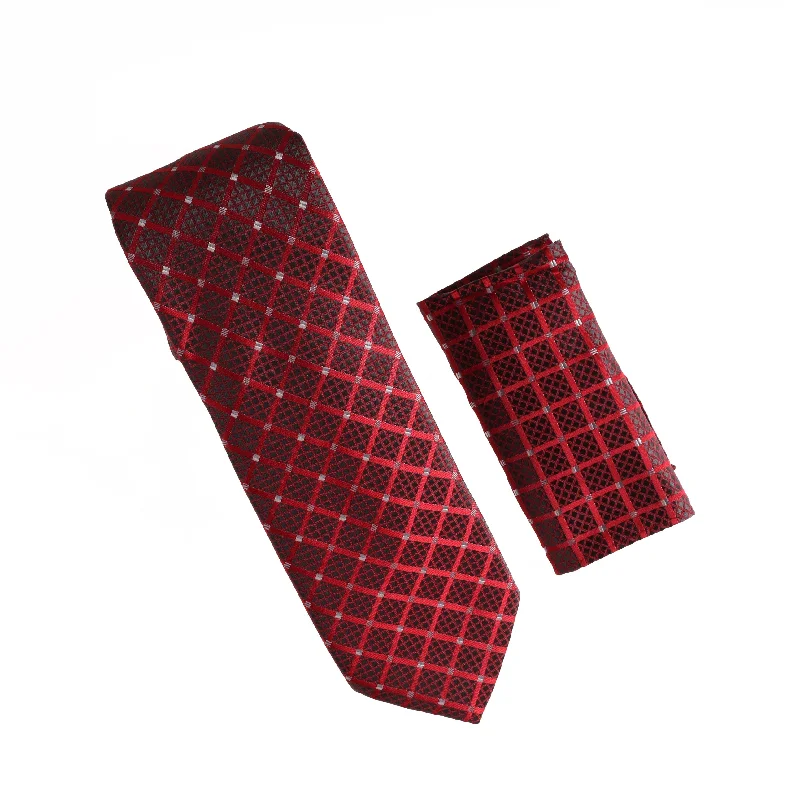 Best men's silk tie for formal business meetings-Red, Black and Silver Squared Designed Tie with Matching Pocket Square WTHXL-809