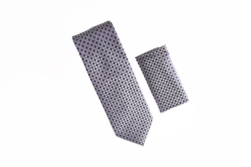 Stylish tie for office professionals with bold accents-Purple, Silver and Grey Mini Squared Designed Tie with Matching Pocket Square WTHXL-810