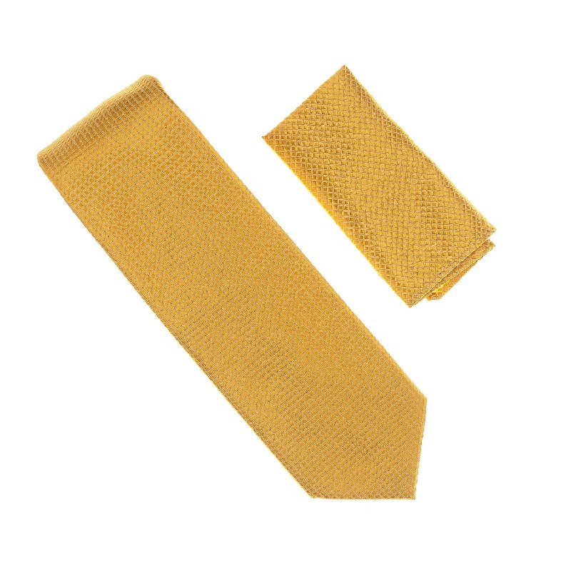 Men's tie for upscale charity events-Gold Micro-Grid Extra Long  Necktie with Matching Pocket Square